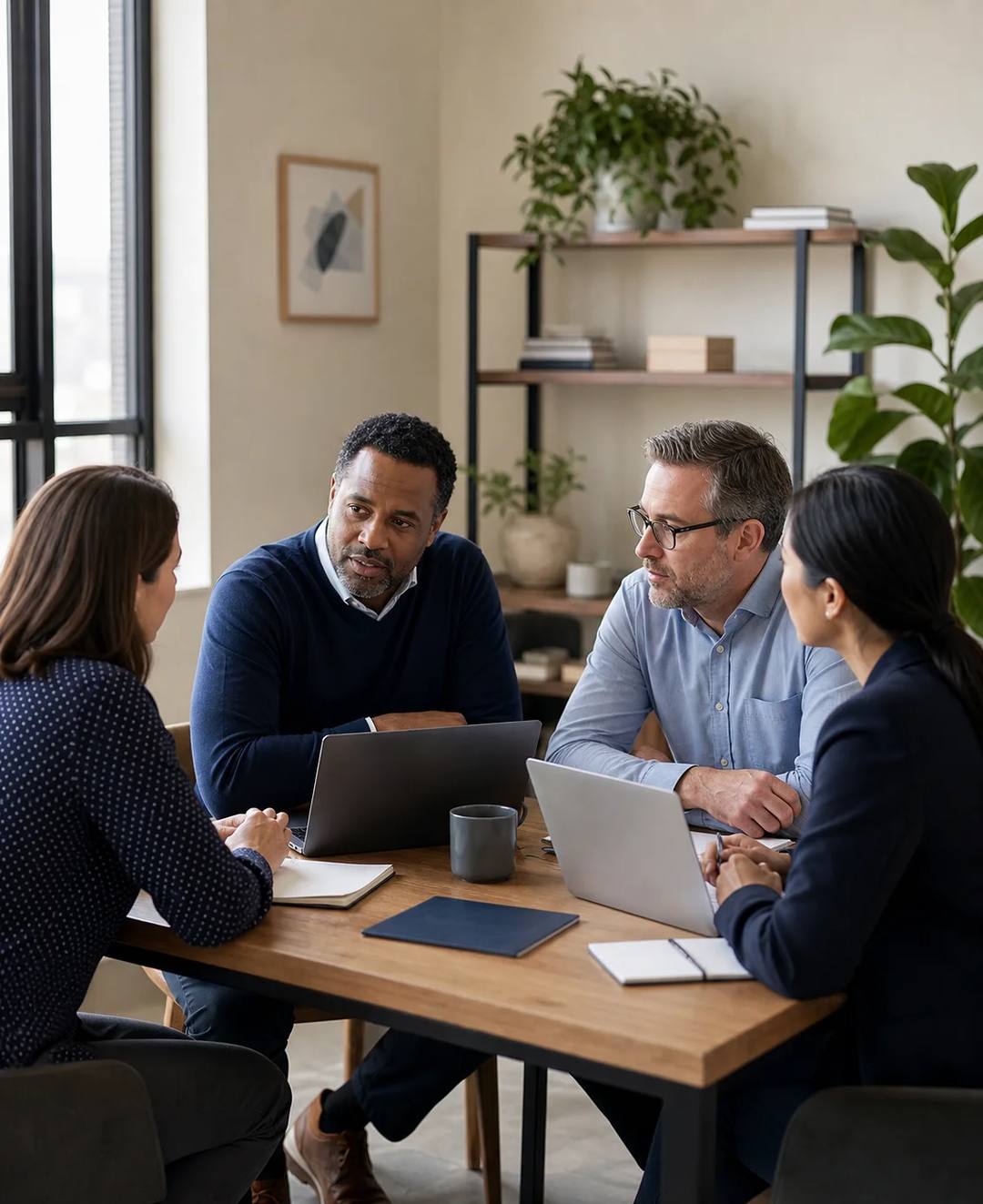 Tax and business professionals collaborating in a welcoming modern office