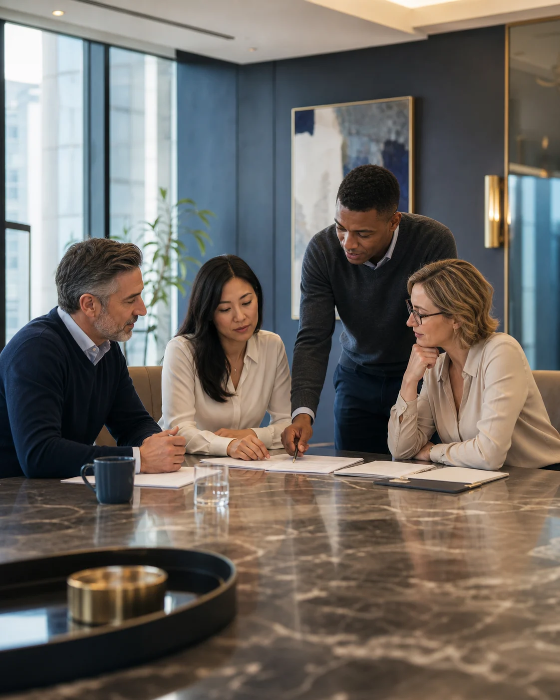 Diverse tax and business professionals collaborating in a premium modern office